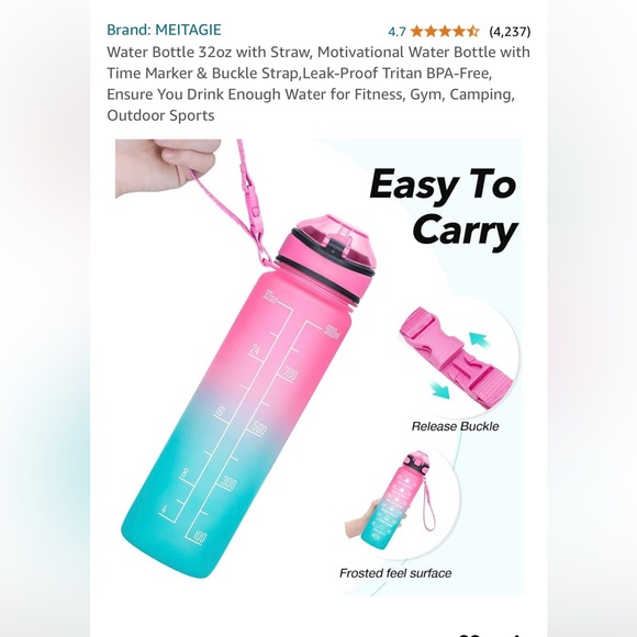 MEITAGIE Water Bottle 32oz with Straw, Motivational Water Bottle w Time Marker - Picture 10 of 10
